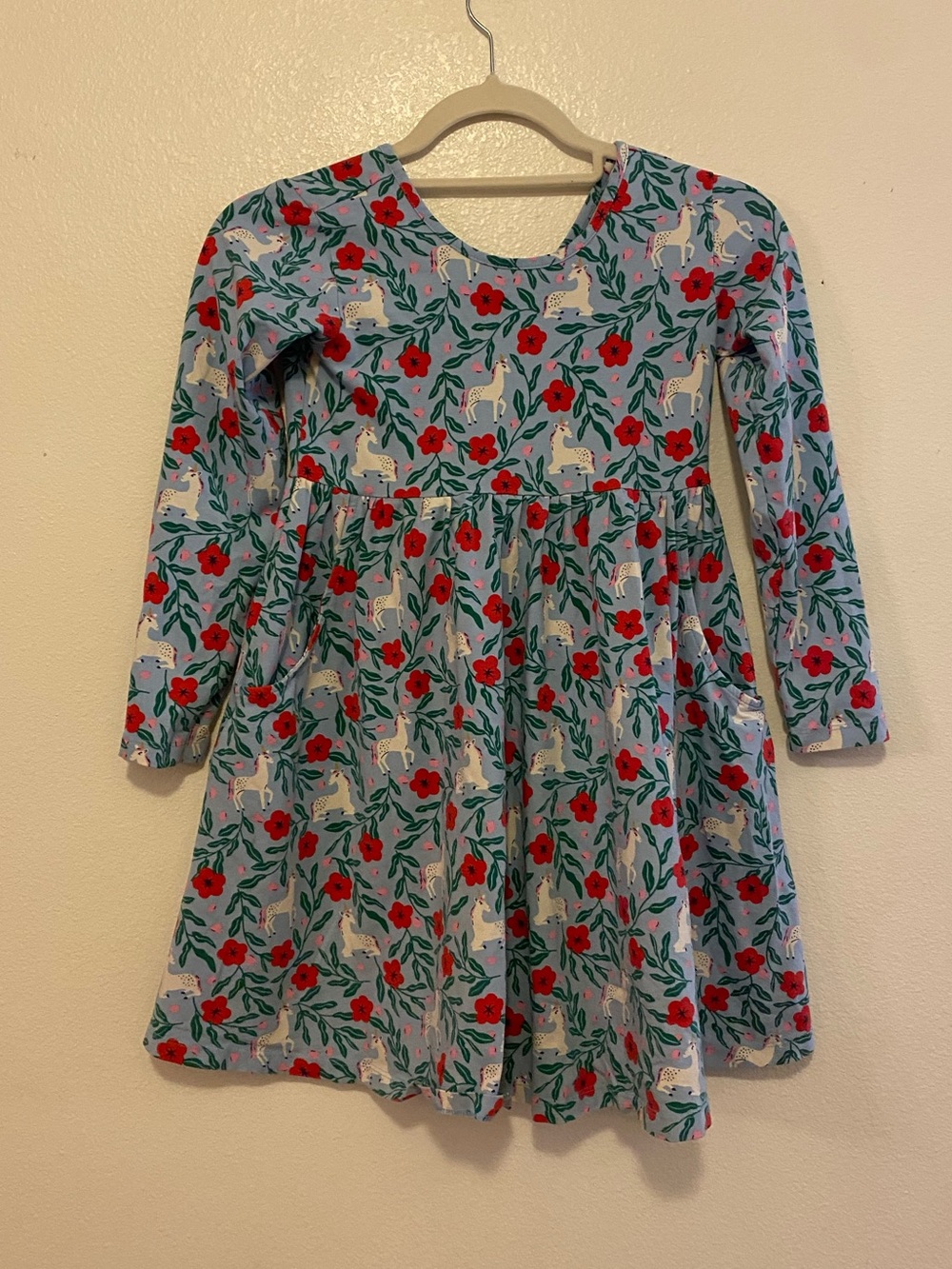 Hanna Andersson Light Blue Unicorn & Red Floral Long Sleeve Dress